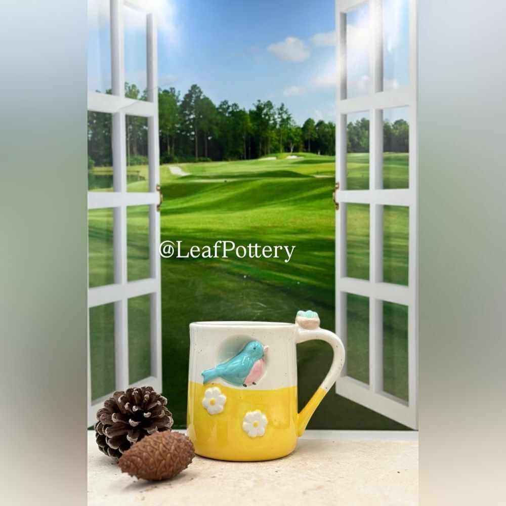 Extra Large Ceramic Bird & Daisy Coffee Mug - 24oz Oversized Tea Cup - Picture 2 of 11
